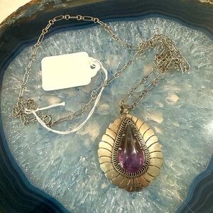 OOAK amethyst & sterling silver pendant elongated link chain signed by artist 😊